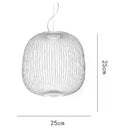 White wire cage pendant light, spherical, 25cm diameter and height, for hanging interior ceiling illumination.