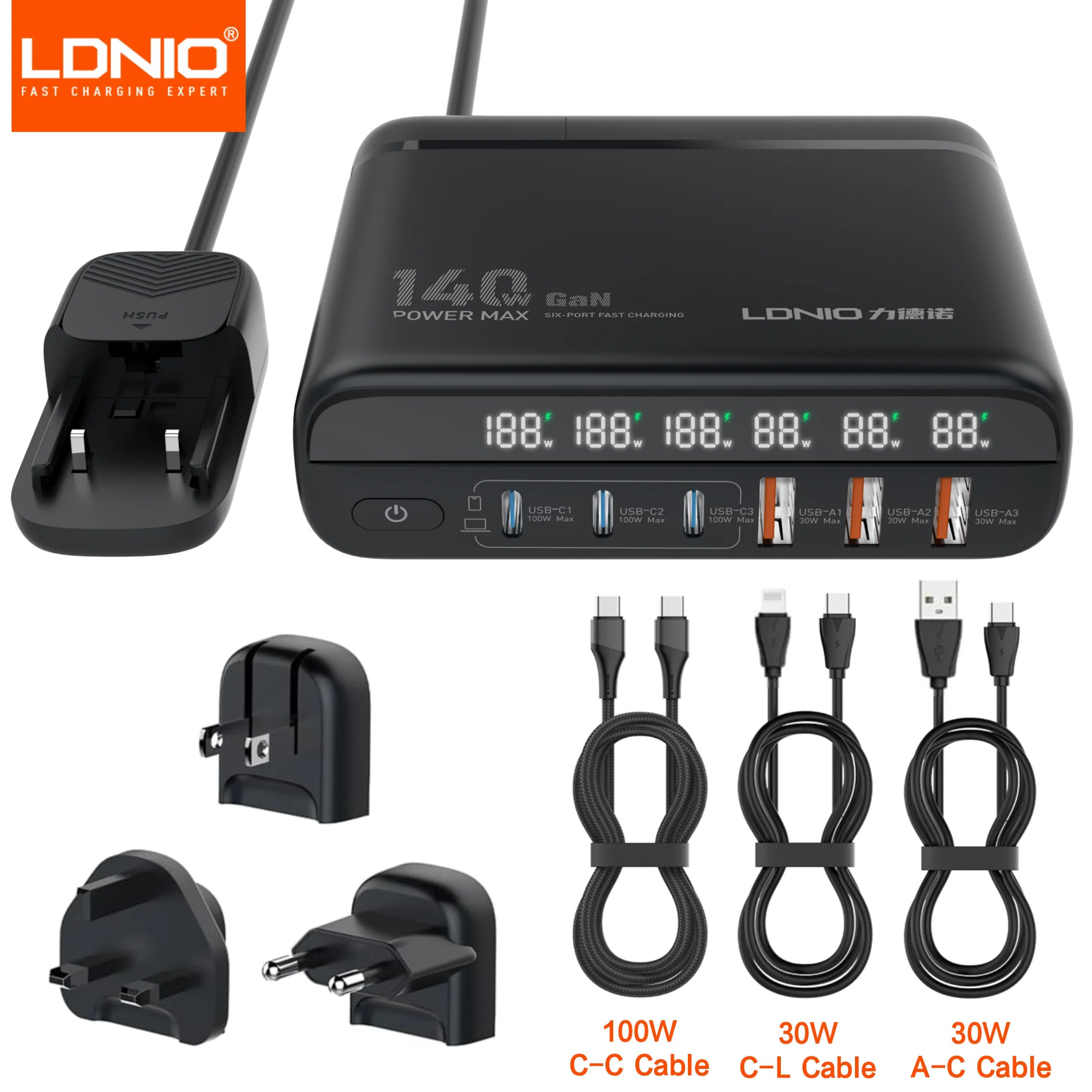 LDNIO 140W GaN international Travel Adapter USB C Charger Block 100W Port LED Display AU US UK EU Charging Station Wall Charger