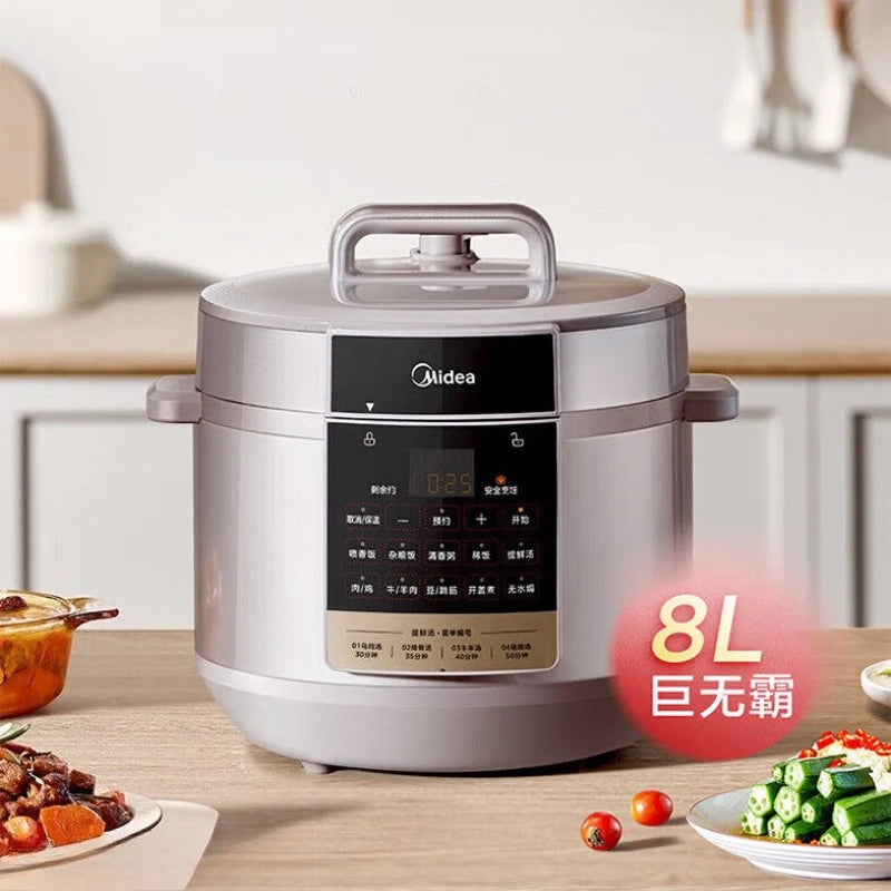 8L electric pressure cooker with display panel and side steam handles, stainless finish