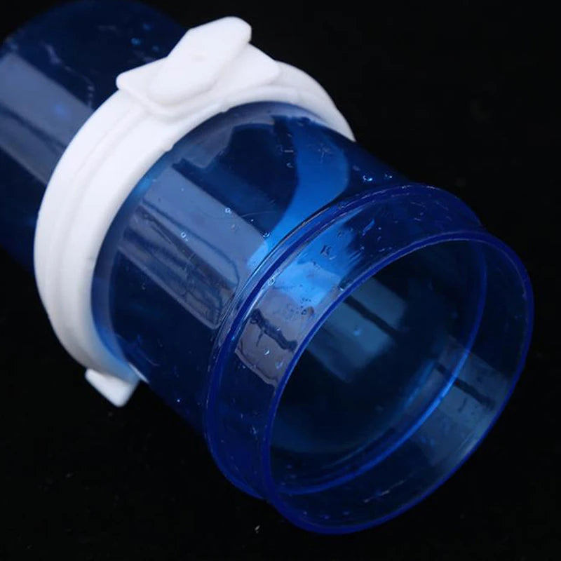 Blue plastic automatic bird water dispenser and feeder for parrot cages to keep pet food and water fresh.