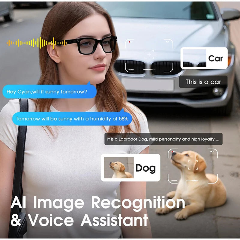 Black smart glasses with AI image recognition and voice assistant features worn by a woman outdoors.