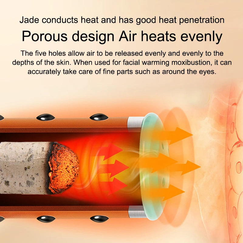 Jade facial massage device for hot compress moxibustion therapy with porous design for even heat skin penetration.