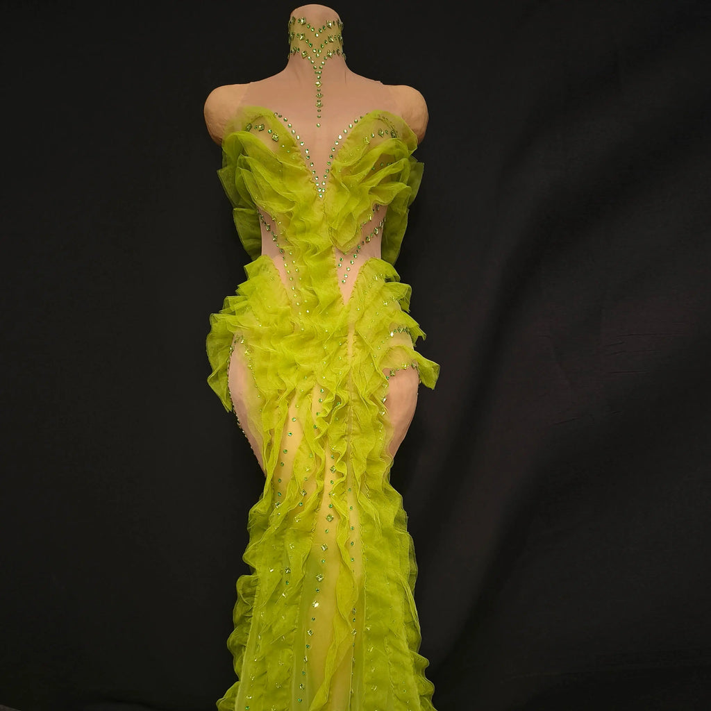 Elegant Sparkly Green Rhinestones Mesh Sheer Ruffle Maxi Dress Celebrate Eveing Birthday Party Nightclub Red Carpet Stage Wear