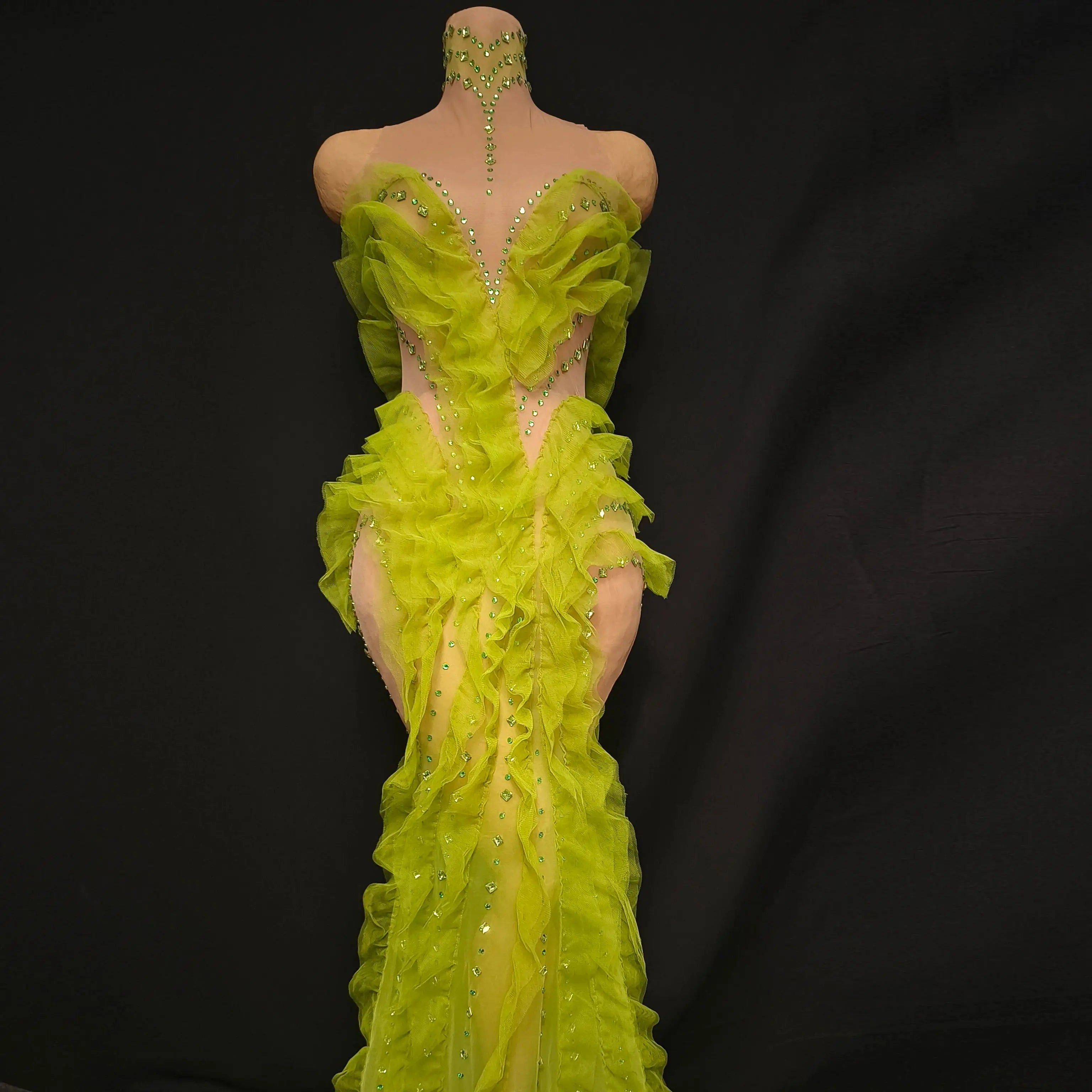 Elegant Sparkly Green Rhinestones Mesh Sheer Ruffle Maxi Dress Celebrate Eveing Birthday Party Nightclub Red Carpet Stage Wear