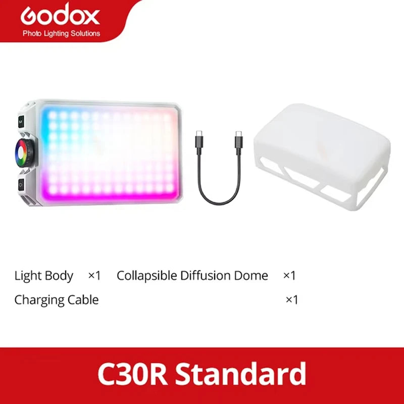 C30R RGB LED light, USB-C charging cable, and silicone diffusion dome for adjustable on-camera photography lighting.