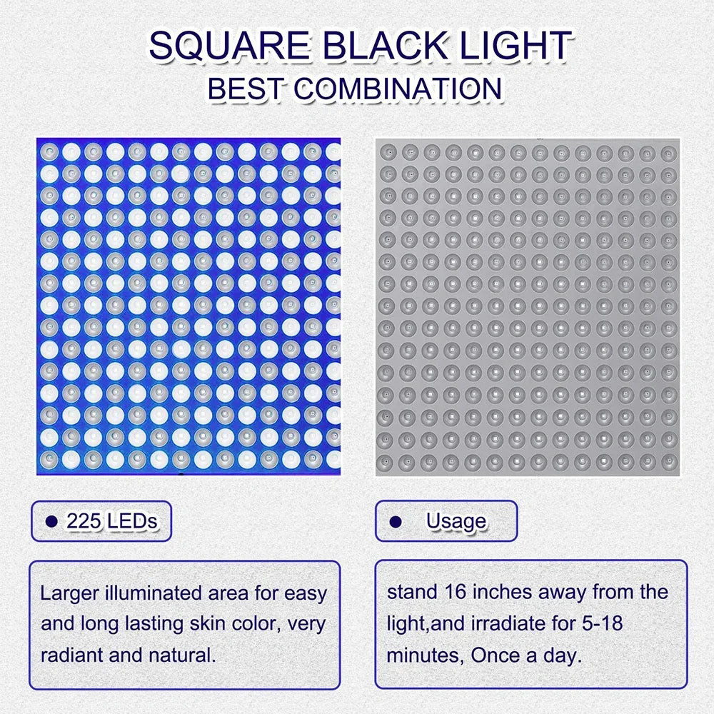 225-LED UV tanning lamp panel with purple light for body skin care, featuring square design and usage instructions.