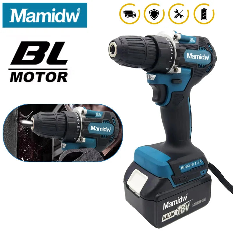 Mamidw 18V Brushless Cordless Drill, 2 Speed Adjustable Handheld Power Drill, Multi Torque Setting Electric Drill for Wood Metal Screwdriving & Drilling, Compatible with Makita 18V Battery PIN.