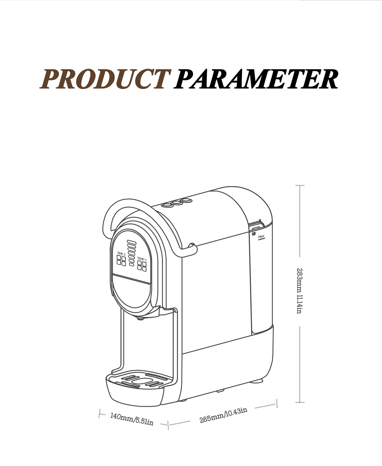 Line drawing of a compact capsule coffee machine with digital display and dimensions labeled 283mm x 265mm x 140mm.
