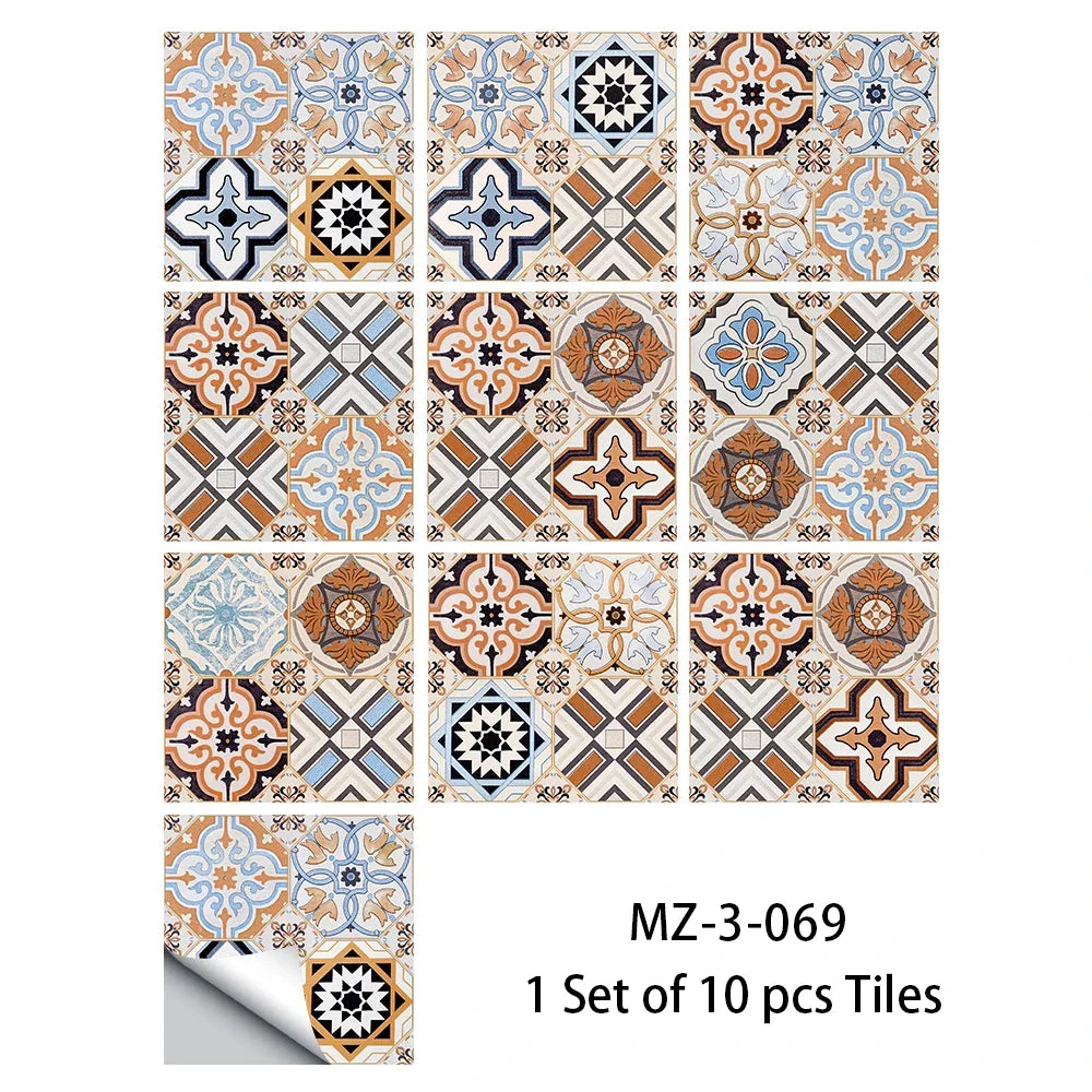 Thickened frosted tile floor stickers with blue and orange patterned tiles, set of 10