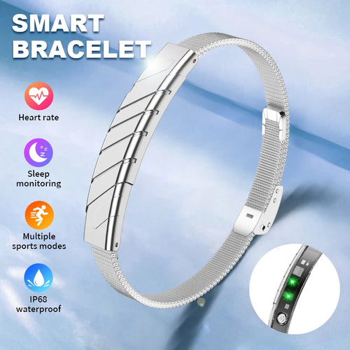 Screenless smart health bracelet with silver mesh strap and pill-shaped sensor module.