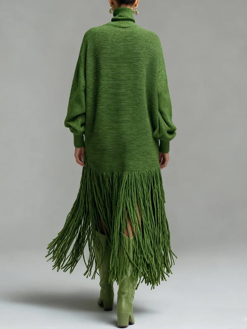 Spring Sexy Turtleneck Tassel Knitted Dress Woman Casual Solid Ribbed Loose Maxi Dress Autumn Long Sleeve Pocket Party Dress