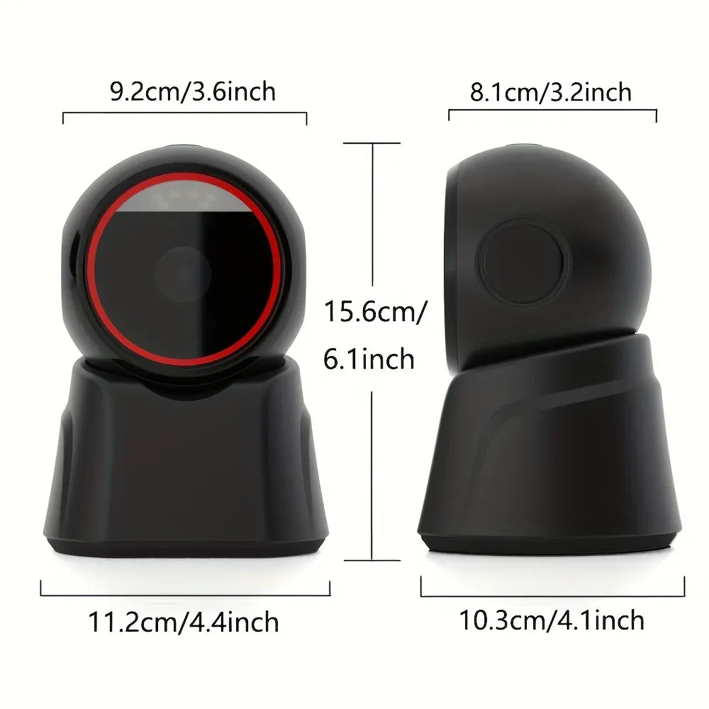 2D barcode scanner size diagram showing black scanner with red LED ring front and side