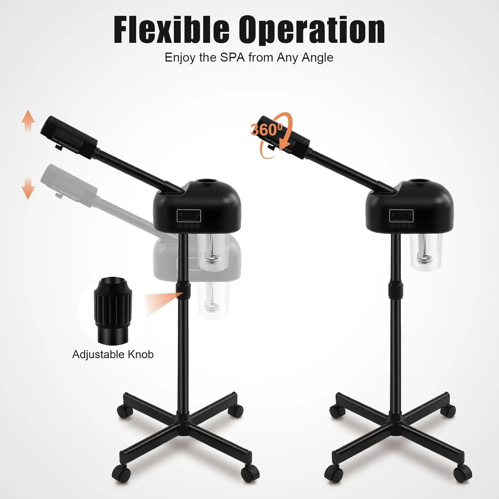 Black portable facial steamer with LCD, adjustable height, 360-degree rotating nozzle, and rolling base on wheels.