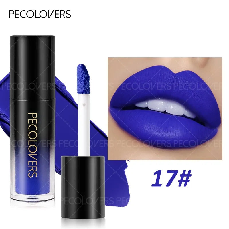 Blue matte liquid lipstick in a black tube, long-lasting waterproof plump lip makeup swatch.