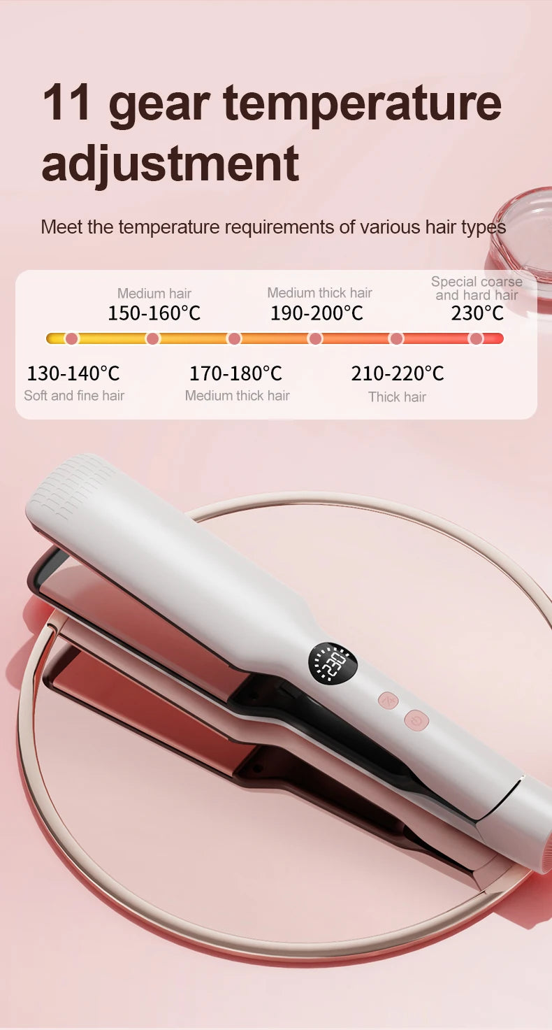White professional hair straightener with wide plates, digital 11-gear temperature control, and salon-grade design.