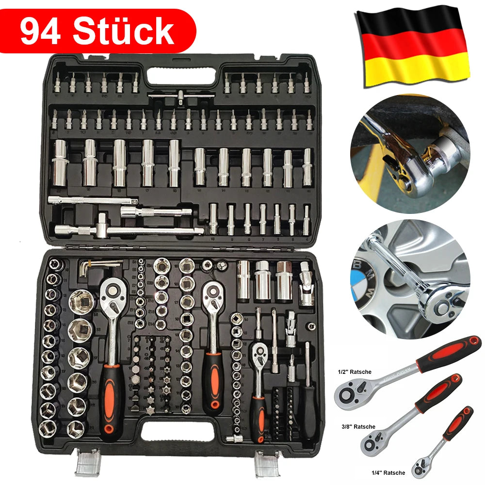 172Pcs Ratchet Socket Wrench Set, 1/4 3/8 1/2 Drive Combo Tool Kit, Chrome Vanadium Steel Auto Repair Hand Tools with Screwdriver Bits, TPR Ergonomic Handle, Sturdy Storage Case, for Car Motorcycle Bicycle Maintenance, Heavy