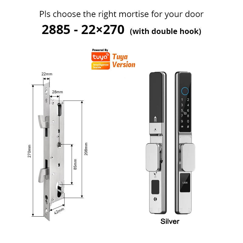 Tuya Wifi App Waterproof Smart Aluminum Door Lock Euro Double Hook Mortise Fingerprint Password Electronic Sliding Door Lock