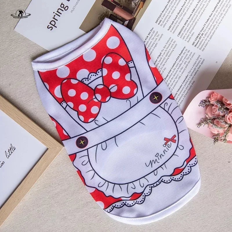 Red and white polka dot cartoon puppy summer vest for small dogs and cats, lightweight breathable pet shirt.
