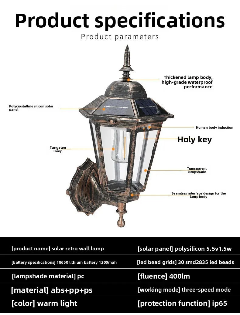 Outdoor Solar Wall Light for Courtyard, Corridor & Passageway - Motion Sensor, European Retro Style, Waterproof