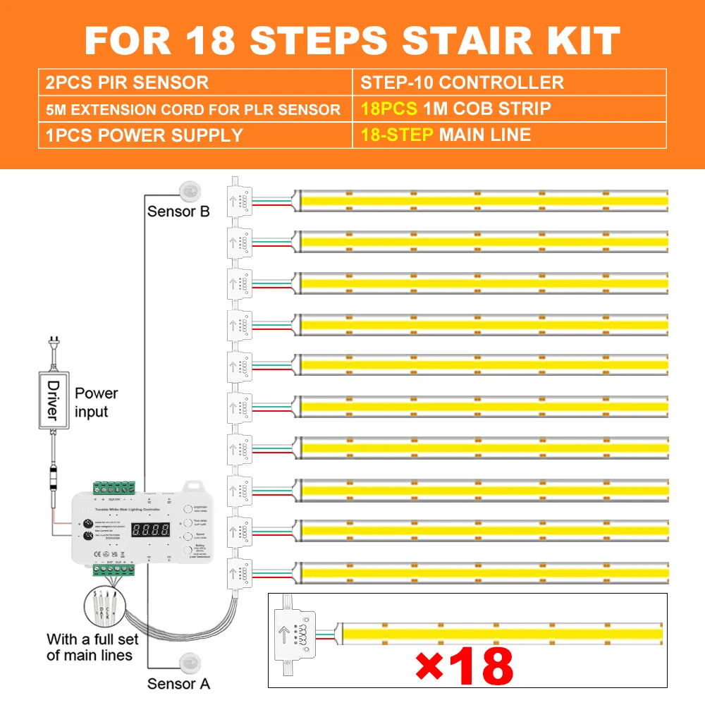 Dimmable LED stair light kit, motion sensor strip system for 18 steps, CCT 2700–6500K