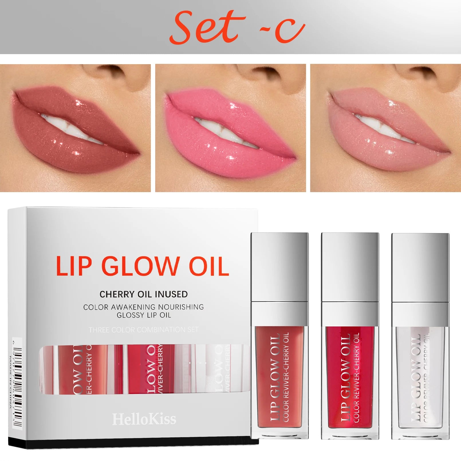 Three-piece crystal jelly lip oil set with glossy, plumping, tinted formula for nourished, shiny, and sexy lips.