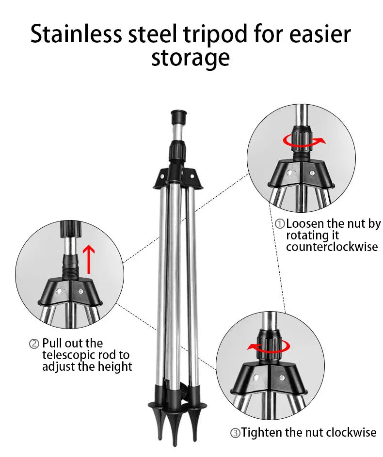 Adjustable sprinkler tripod with rotating collar for height and nozzle setup