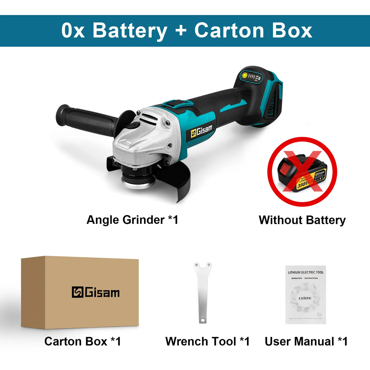 Cordless 125mm angle grinder without battery, with wrench tool and user manual in carton