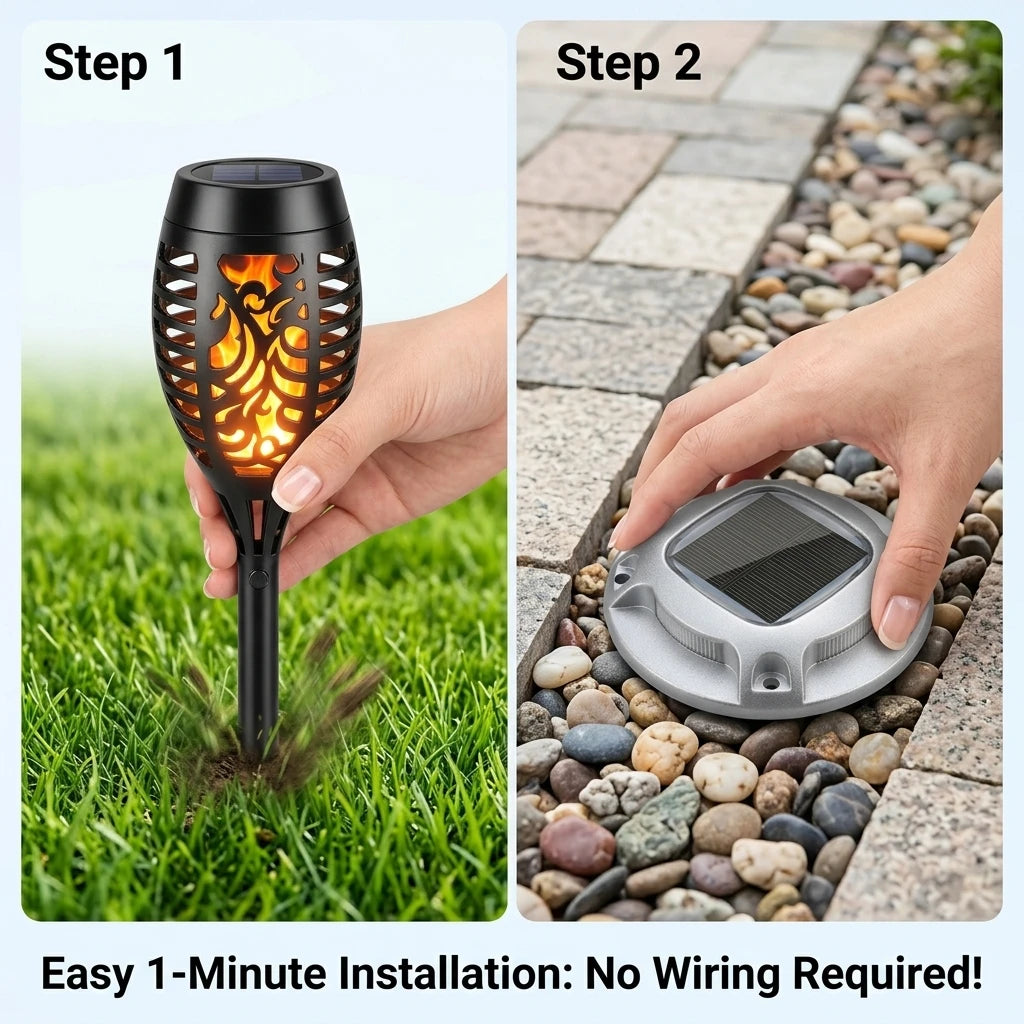 Solar Outdoor Lights Set: Flickering Flame Torch Lights & Round Warm White Ground Lights for Garden Pathway, Lawn Landscape Lighting, Waterproof LED S-Curve Path Guide Lights for Yard, Driveway, and Courtyard Night Atmosphere