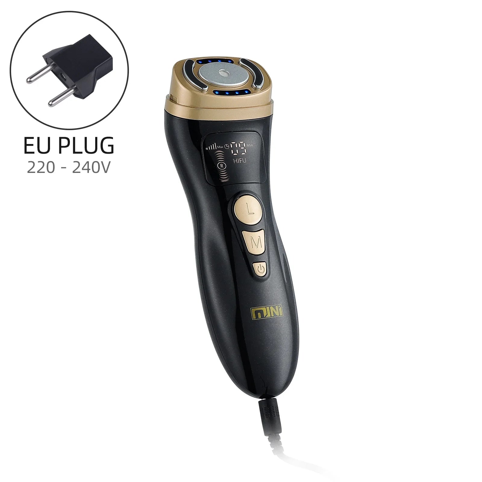 Black and gold handheld HIFU facial massager with a digital display, buttons, and an included EU power plug.
