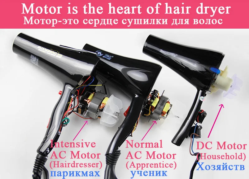 Professional 2100W salon hair dryer with internal AC motor comparison. Black, high-power blow dryer for hairdressers.