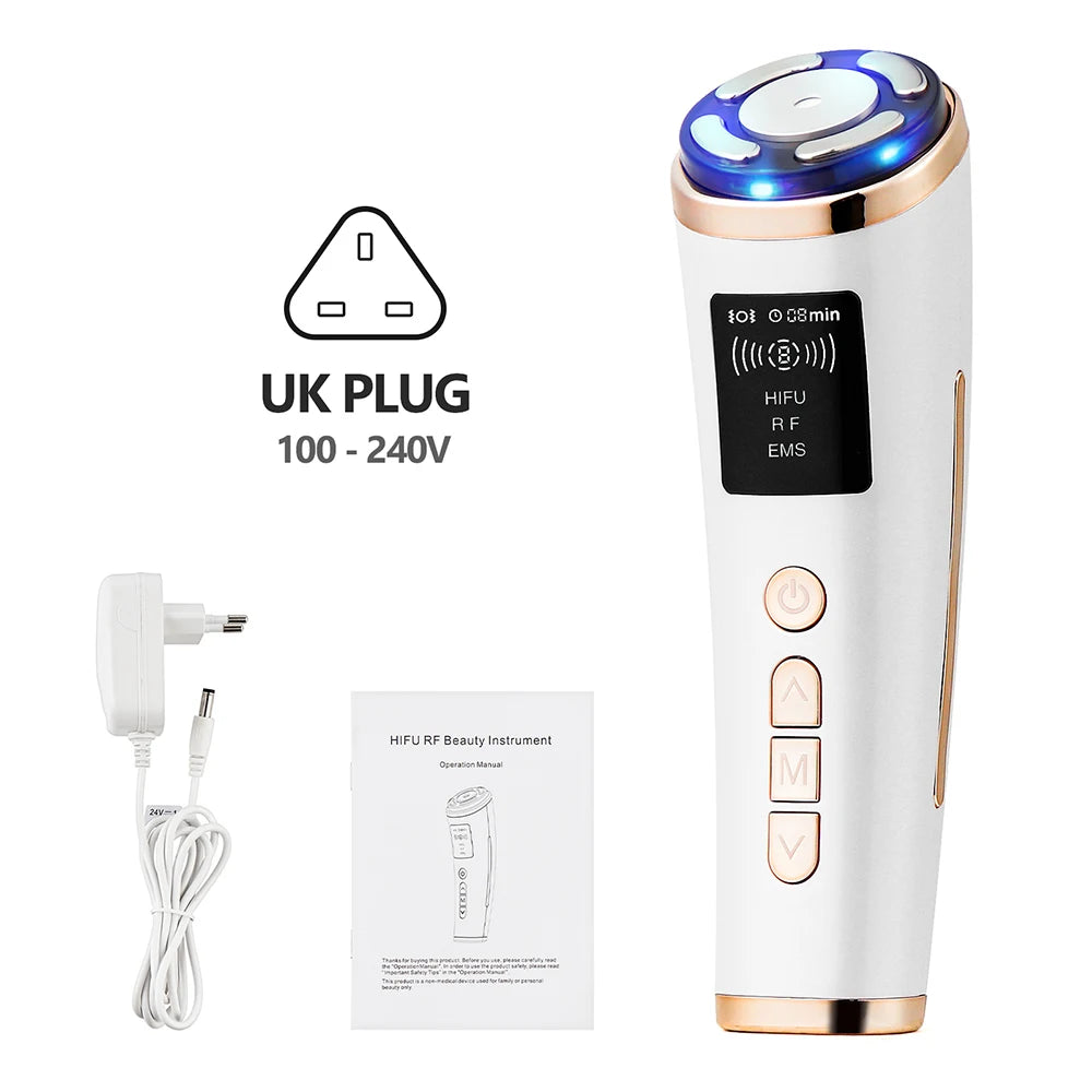 White and rose gold handheld HIFU facial tightening device with LED light, power adapter, and user manual.