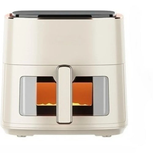 White air fryer with front viewing window and pull-out handle, countertop appliance