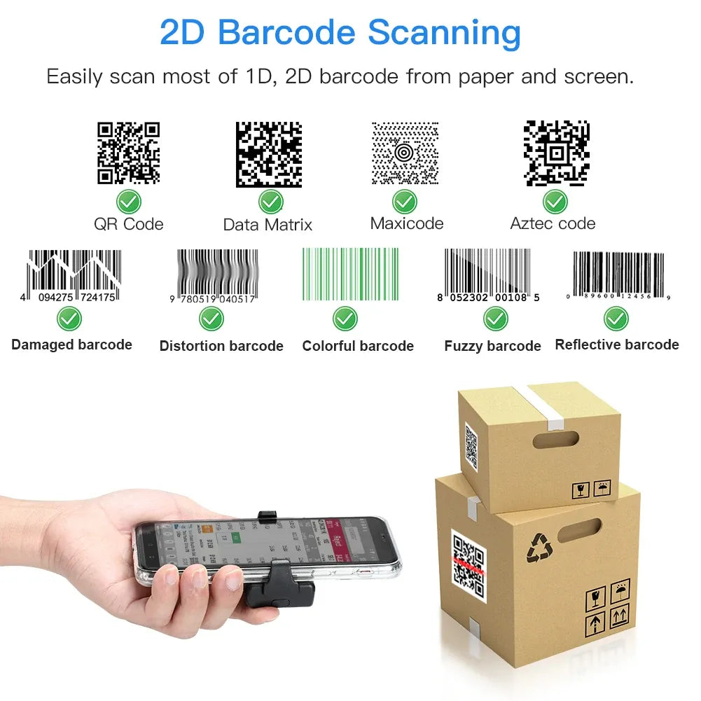2D barcode scanner reading QR and barcodes from phone screens and paper