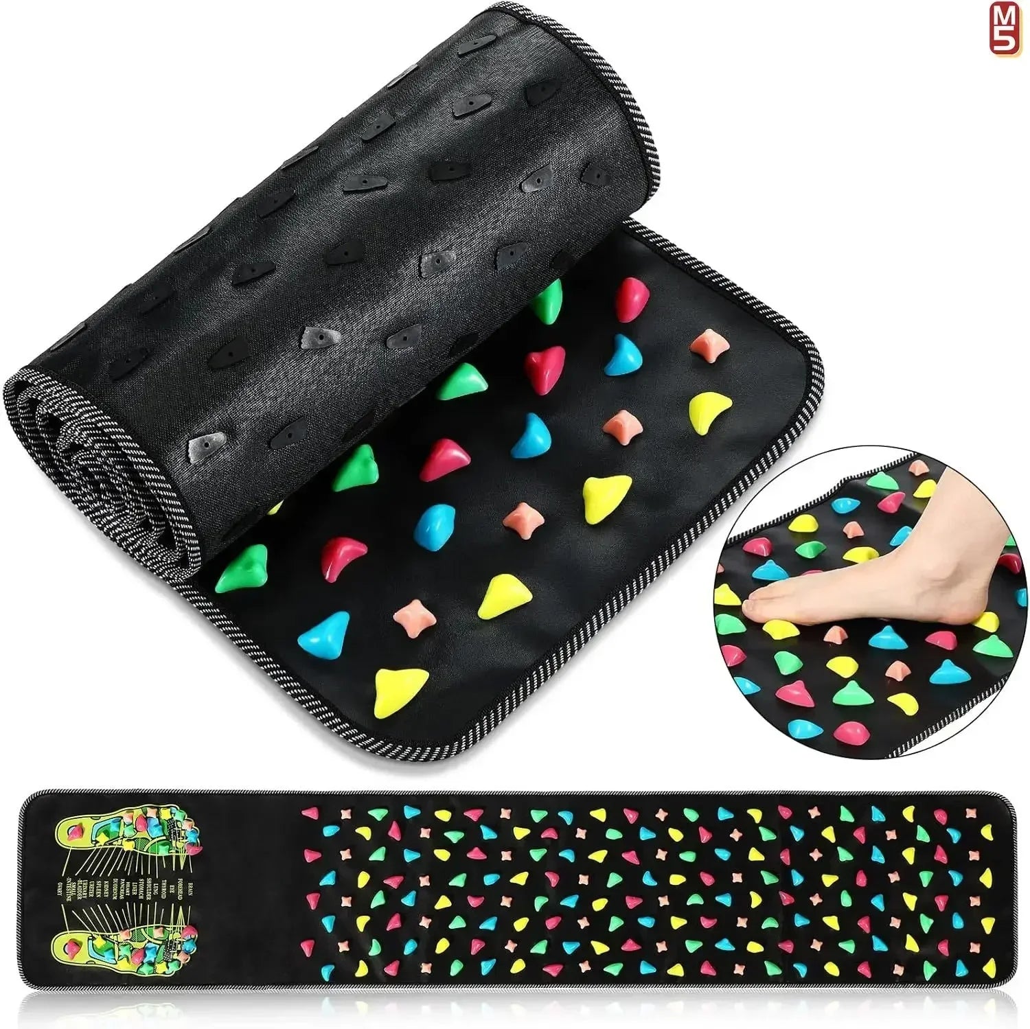 Black acupressure foot reflexology massage mat with colorful stimulation stones for health care and pain relief.