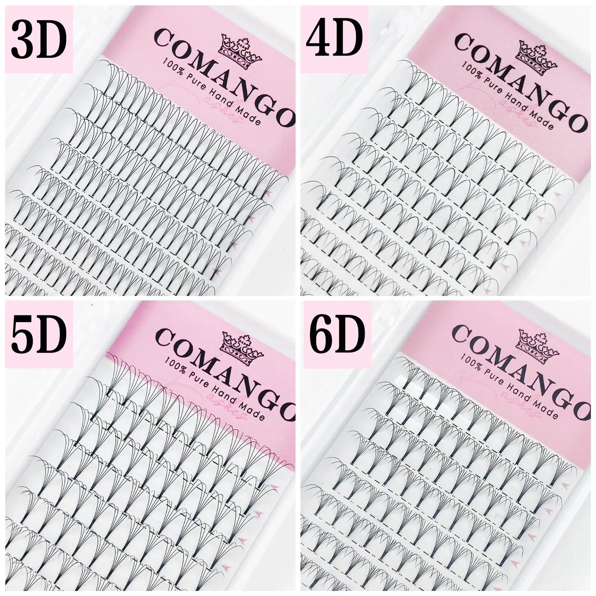 Four palettes of Comango black Russian volume lash fans in 3D, 4D, 5D, and 6D styles with short stems.