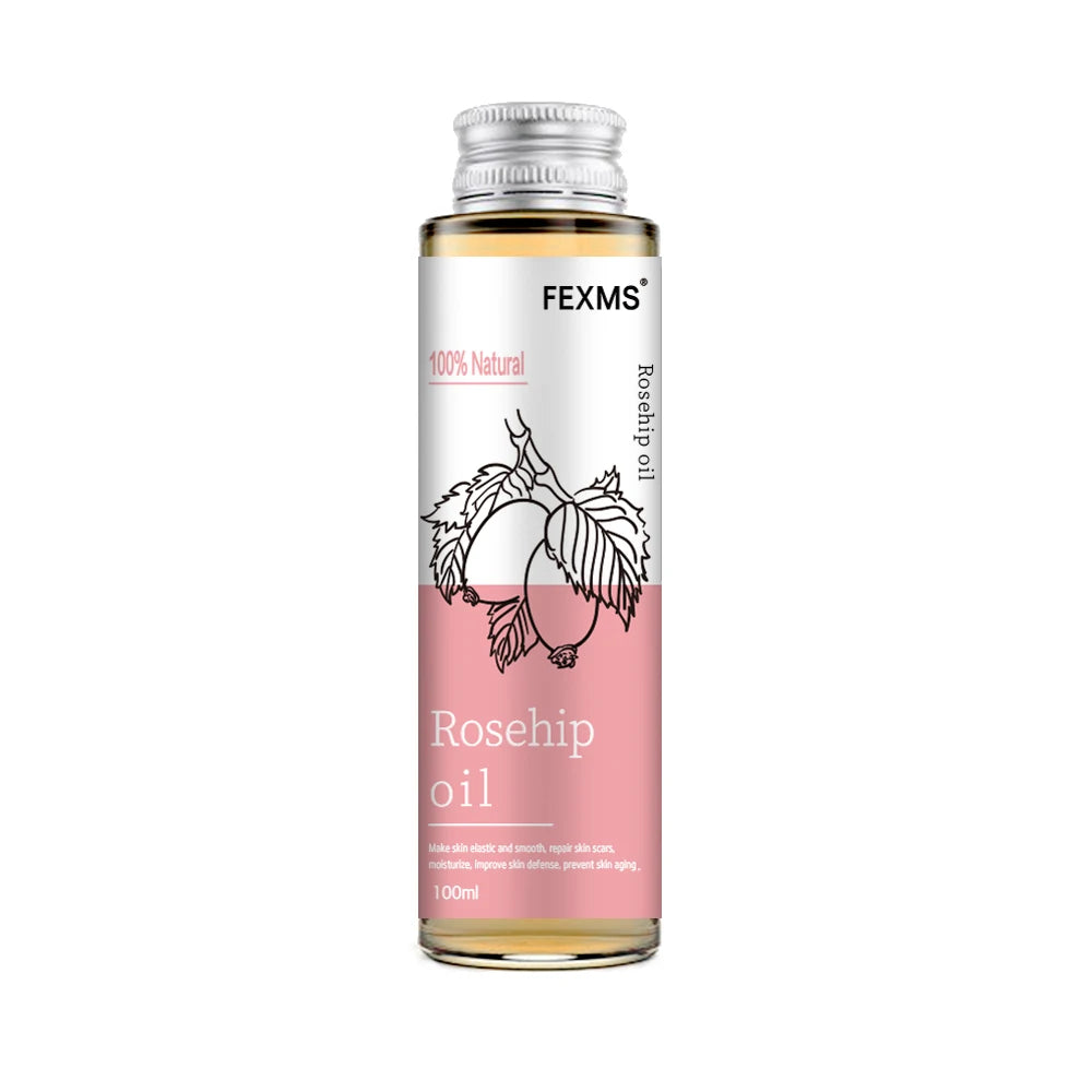 Rosehip oil bottle, 100ml, FEXMS, pink oil in clear glass with cap