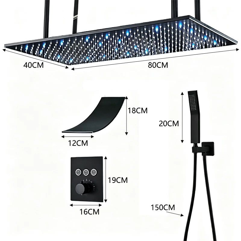 Ceiling Mounted Thermostatic Shower System, LED Rainfall Shower Head with Waterfall Spout & Handheld Sprayer, 3 Function Concealed Constant Temperature Anti-Scald Bathroom Shower Faucet Set