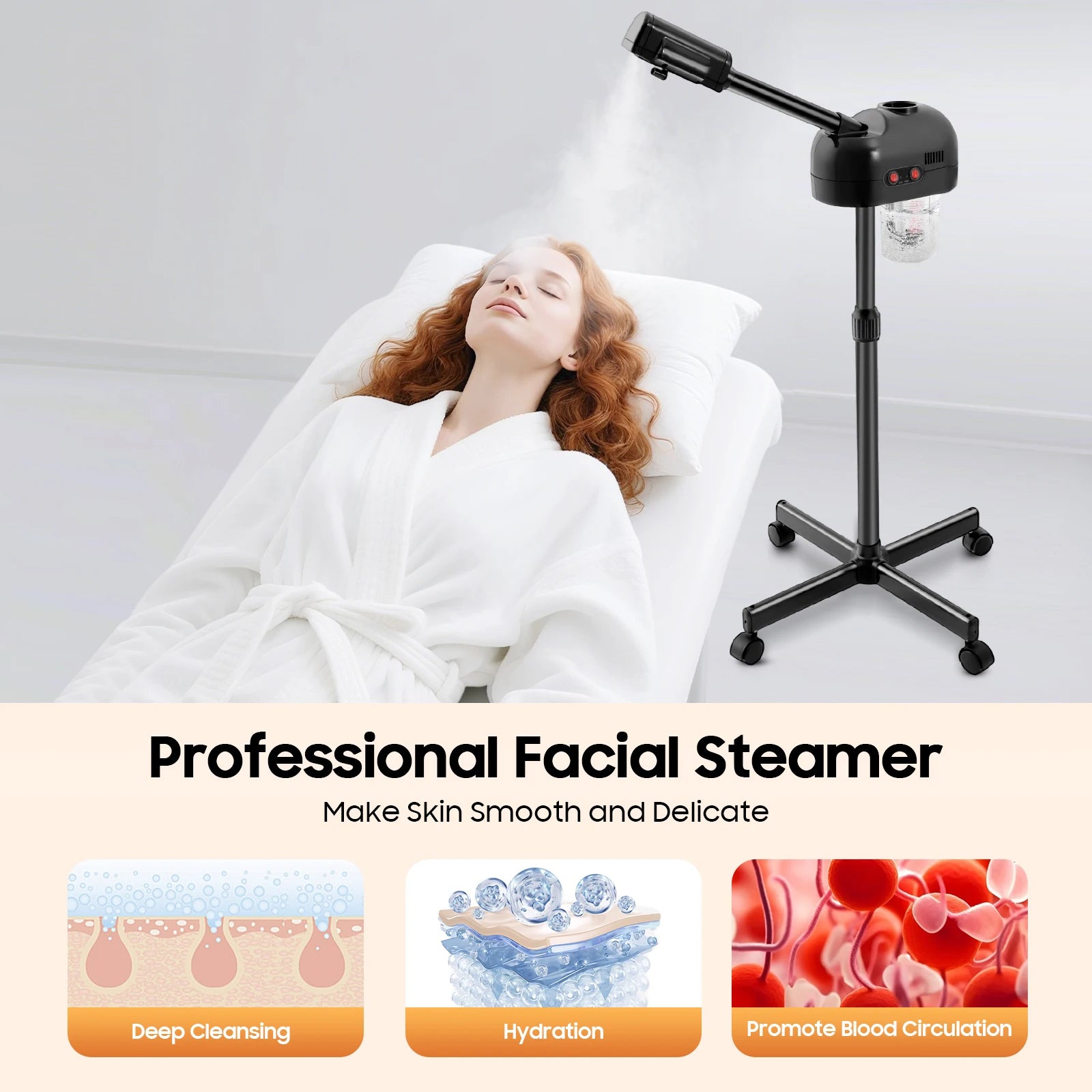 Black professional facial steamer with adjustable stand, 750ml tank, and misting arm for salon or home spa skin care.
