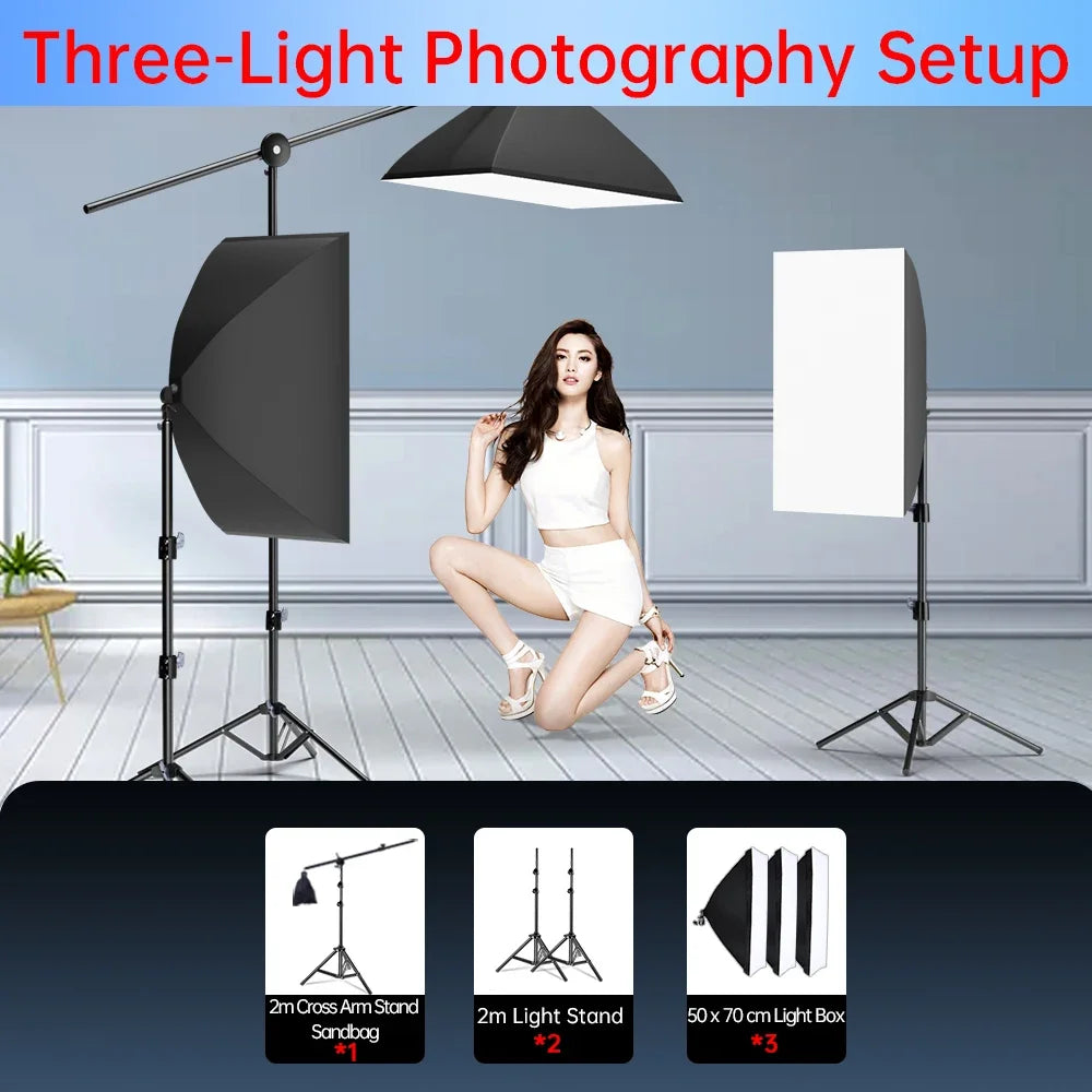 Three-light photography setup with multiple panel lights on stands