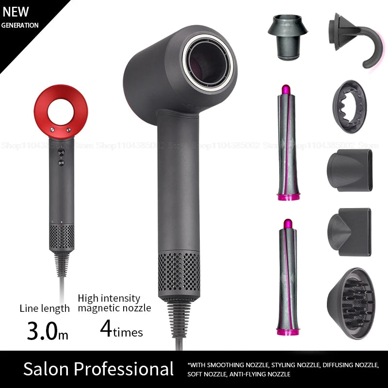 Grey & red professional leafless ionic hair dryer with magnetic styling nozzles, diffuser, and anti-flyaway attachment.