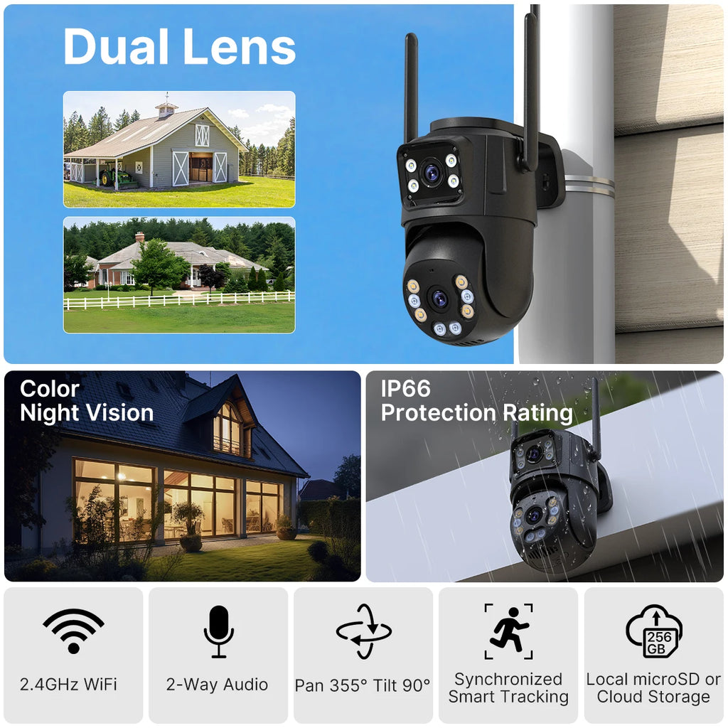 WONSDAR HD Wifi PTZ Camera Outdoor Dual Lens Dual Screen AI Auto Tracking IP Camera CCTV Audio Video Surveillance P2P iCSee