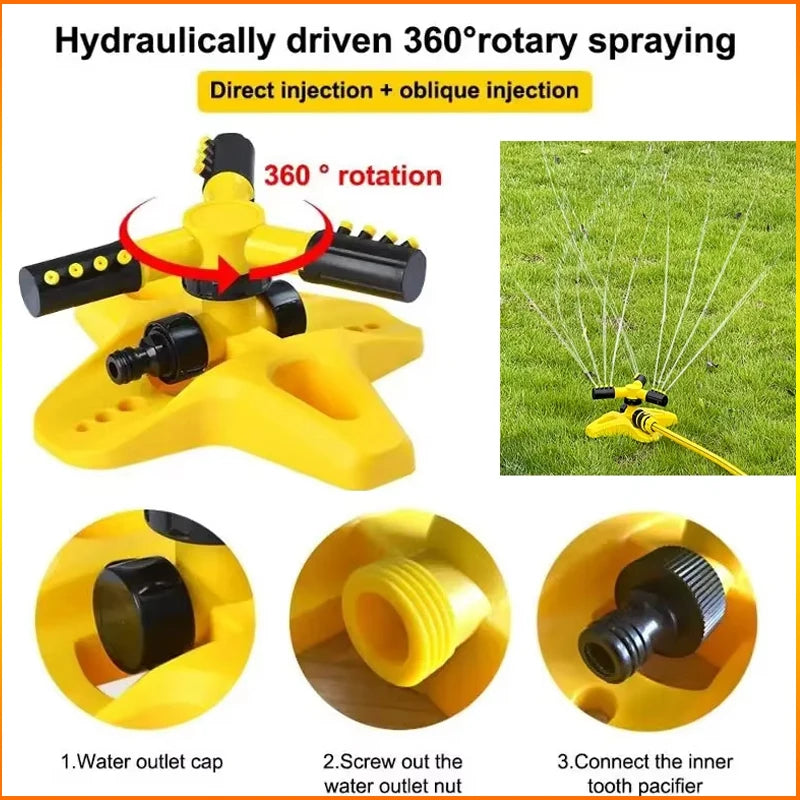 Yellow 360° hydraulic rotating lawn sprinkler with direct and oblique spray heads