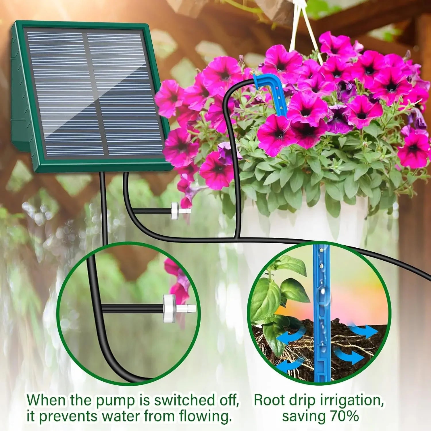 Solar drip irrigation kit with solar panel and black hose for root drip on hanging flowers