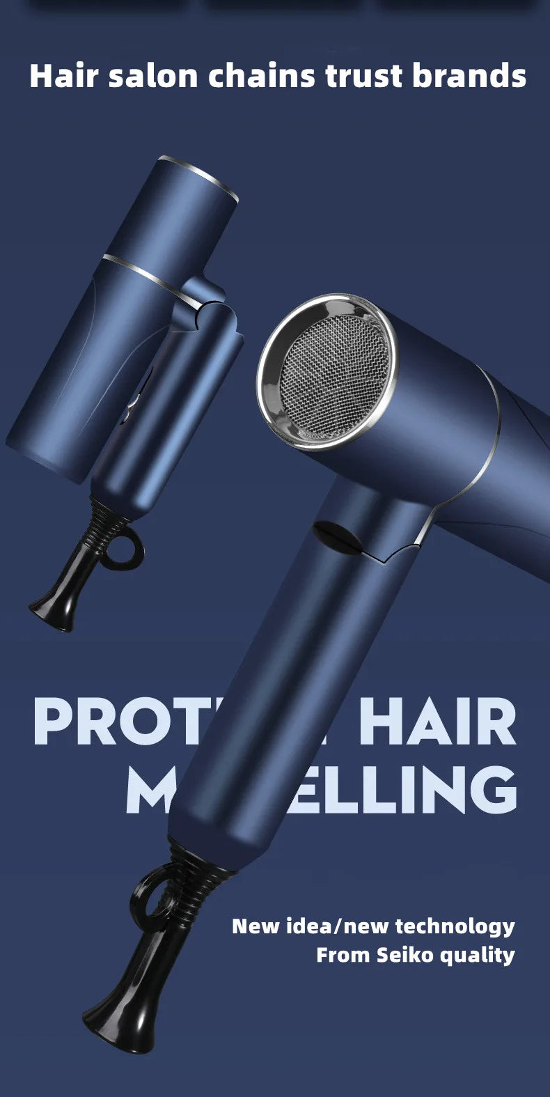 Foldable blue 1200W negative ion hair dryer for fast drying, travel, and home use with ergonomic sleek design.
