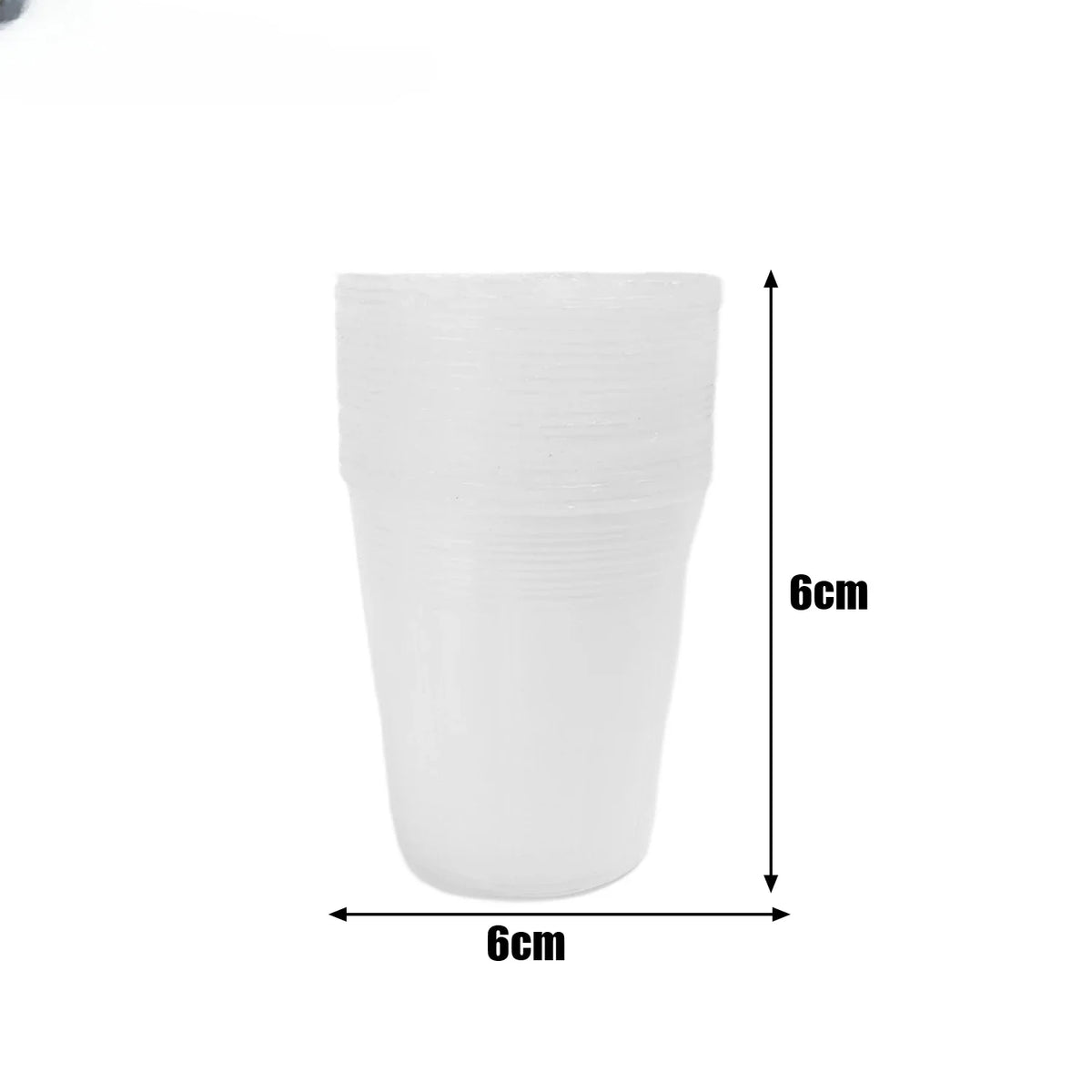Transparent plastic nursery cup, 6 cm height and 6 cm width (dimensions shown)