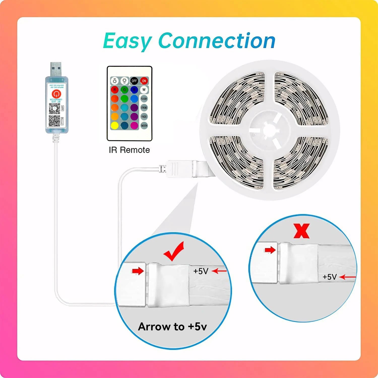 RGB LED Strip Lights, 5V USB Powered LED Tape,  24 Key Remote & APP Control, Music Sync Flexible Ambient Lighting for DIY Living Room, Bedroom,TV Backlight, Game Lighting,Party, Decorative String Lights