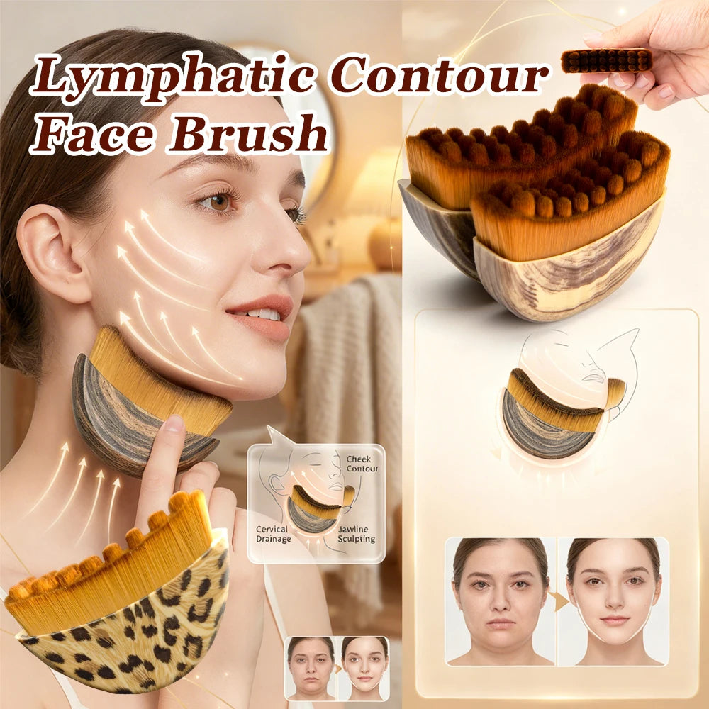Curved, portable facial contouring brush with soft bristles and wood-grain or leopard-print handles for skin sculpting.