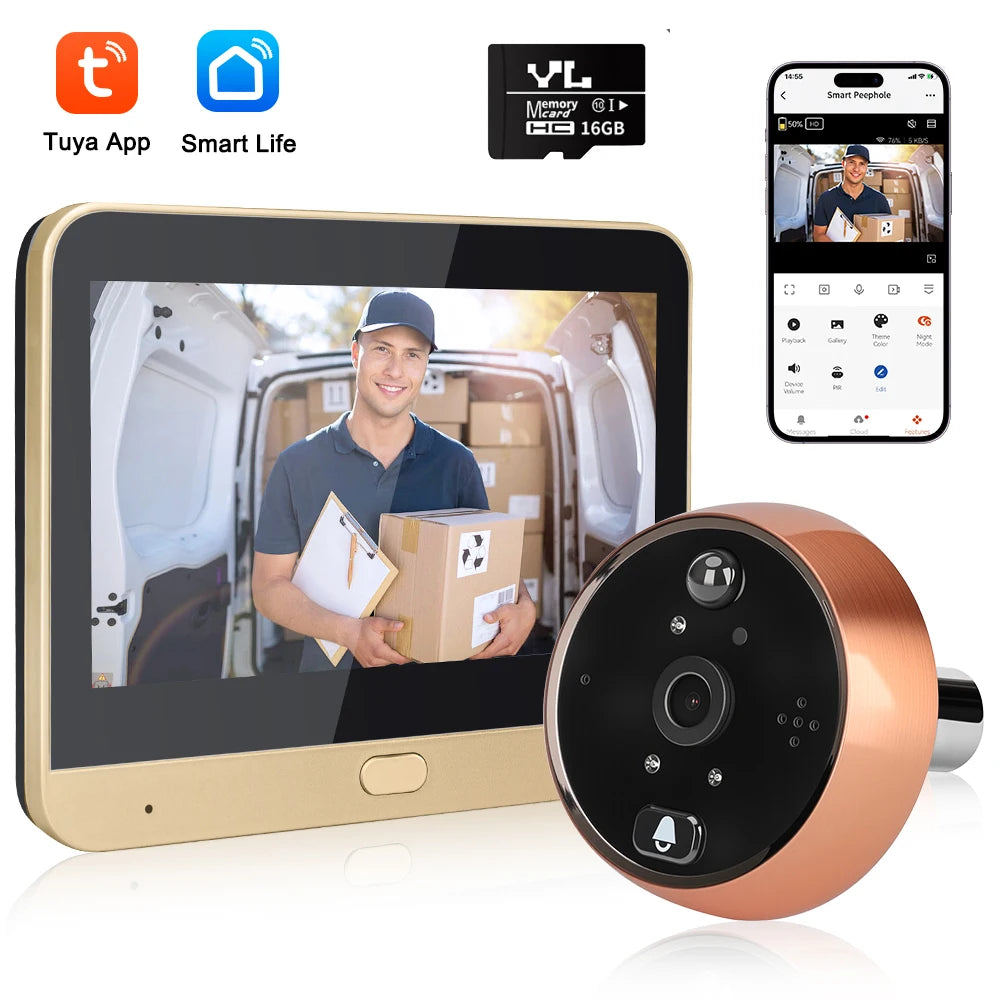 WiFi video peephole doorbell camera with copper face and black lens