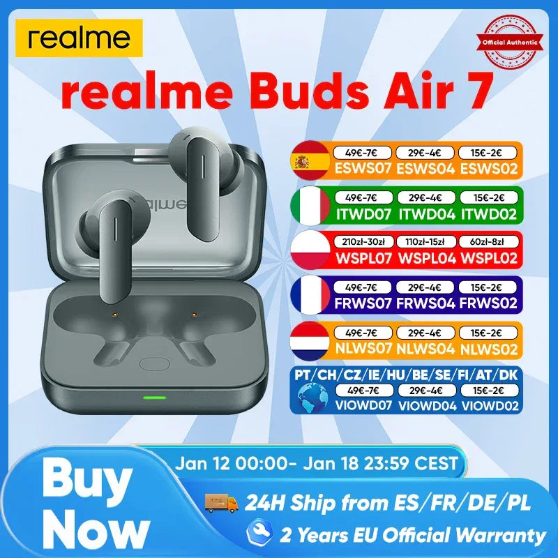 Realme Buds Air 7 Wireless Earphones 52H Battery Life - Tidesmit Tidesmit