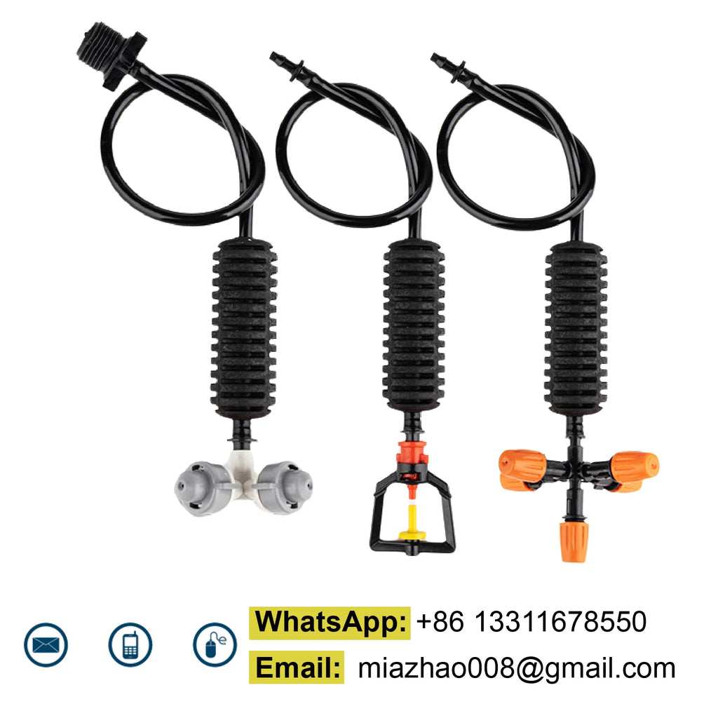 Inverted micro sprinkler nozzle set with three nozzle heads and colored drip outlets